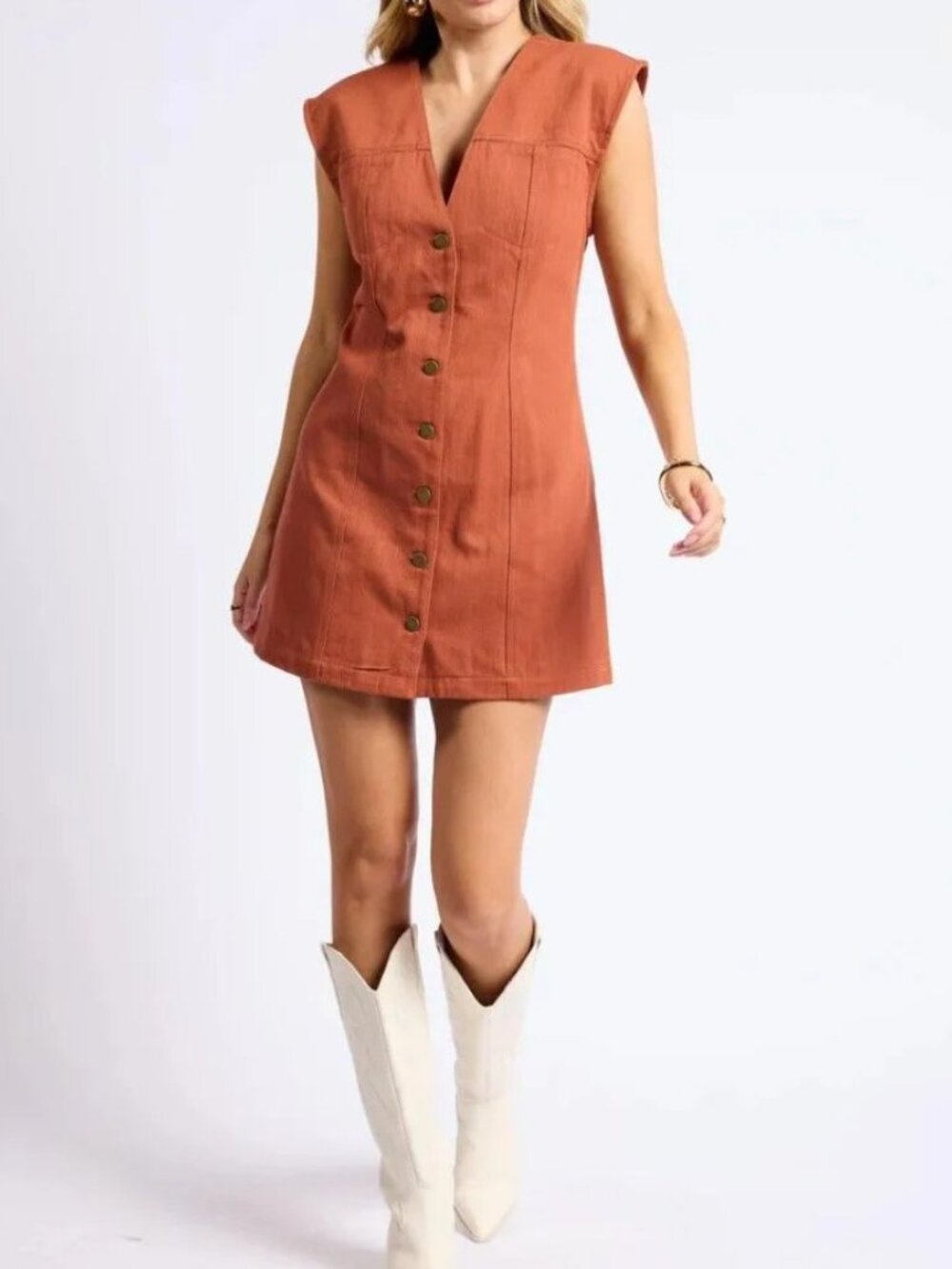 Sage The Label Sleeveless Button-Down Denim Dress in Clay